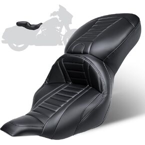 MoKitDora Motorcycle Seats One-Piece Deluxe Driver & Passenger Seat for Harley Touring 1997-2007 Electra Road Glide, Stripes Stitched