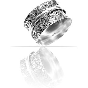 DAMRU 925 Sterling Silver Plated Spinning Spinner Handmade Oxidized Concave Boho Band Meditation Relief Rings (5.5)