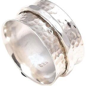 DAMRU 925 Sterling Silver Plated Spinning Spinner Handmade Oxidized Concave Boho Band Meditation Relief Rings (5.5)