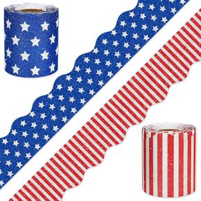 Whaline 65.6Ft Patriotic Bulletin Board Border Red Blue Stars Stripes Die Cut Trim Border Roll for 4th of July Independence Day School Classroom Office Decor, 2 Rolls
