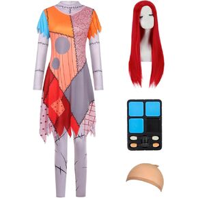 Sally Costume Women Doll Princess Cosplay Dress Adult Halloween Costumes Christmas Nightmare Outfit with Facepaint Wig