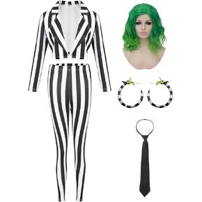 Women Halloween Costumes Black and White Striped Blazer Pant with Tie Wig Earrings Movie Character Cosplay Outfit