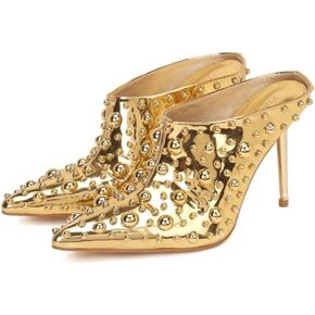 Frankie Hsu Luxury Women's Gold Dome Stilettos Pointed Toe Slip On High Heeled Mules Sandals
