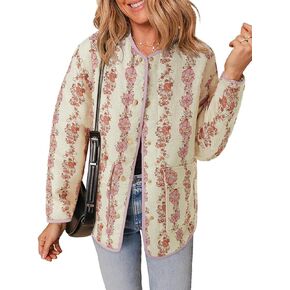 Tankaneo Womens Oversized Floral Quilted Jacket Collarless Patchwork Puffer Coat Lightweight Button Down Outerwear