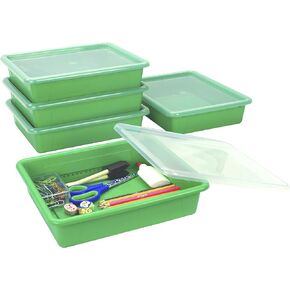 Storex Letter Size Flat Storage Tray – Organizer Bin with Non-Snap Lid for Classroom, Office and Home, Green, 5-Pack (62539U05C)