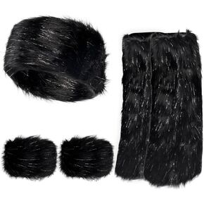 QZUnique 3 Pieces Faux Fur Headband Set Warm Furry Long Leg Warmer Wrist Cuff Ear Arm Warmer Scarf Wrap for Women