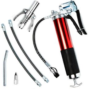 14 oz Grease Gun, Heavy Duty Pistol Grip Grease Gun Kit, grease gun 7000psi Pressure, 2 Standard Hose, Reinforced Coupler, Rigid Pipe, Sharp Nozzle