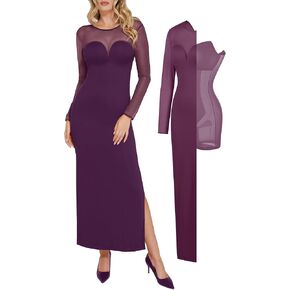Popilush Long Sleeve Prom Maxi Dress for Women Mesh Shapewear Bodycon Dress Fall Tight Fitted Party Wedding Long Dresses