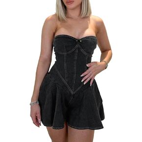 Molisry Women's Summer Tube Top Denim Dress Off Shoulder Sleeveless Sexy Cute Ruffle Pleated Jean Mini Dress Clubwear