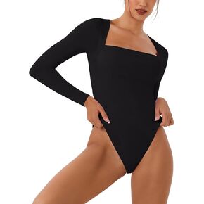 REORIA Women's Long Sleeve Square Neck Double Layer Sexy Bodysuit 2024 Fall/Winter Designer Collection