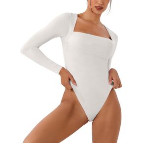 REORIA Women's Long Sleeve Square Neck Double Layer Sexy Bodysuit 2024 Fall/Winter Designer Collection in Kuwait