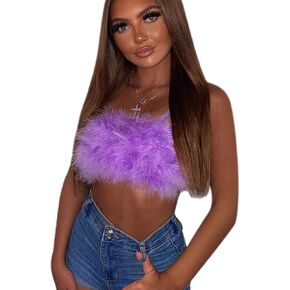 Women's Sexy Rave Festival Feather Crop Tops Faux Fur Spaghetti Straps Tube Top Camisole for Party Festival Club