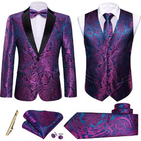 Barry.Wang Men Blazer Suit Jacket Tuxedo Purple Blue Paisley Dress Vest Matched Tie Set Suit Waistcoat Formal Wedding 6PCS Prom Dinner Coat