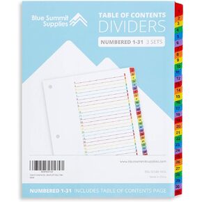 Blue Summit Supplies 31 Tab Binder Dividers for 3 Ring Binder, 3 Sets, Day of The Month Dividers with Multicolor Numbered Tabs, Includes Customizable Table of Contents Index