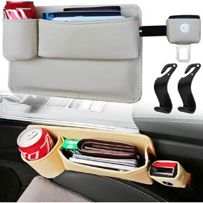 Upgrade Car Side Seat Gap Filler Organizer with Cup Holder & 2 Hooks - Stay In Place with Buckle Fixed - Leather Car Front Seat Gap Storage Box Between Seats for Phone,Key,Card,Essential for SUV Truck