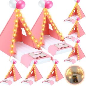 Windyun 8 Pcs Kids Teepee Tent Bulk with Light String Inflatable Airbed Bedding Fitted Sheet, Washable Tent Natural Cotton Toddler Play Tent for Boys Girls Indoor Outdoor Slumber Party (White)