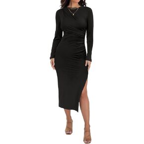 Annebouti Women's Winter Spring Long Sleeve Wedding Guest Dress Ruched Side Slit Bodycon Cocktail Party Midi Dress