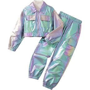 MakeMeChic Girl's 2 Piece Outfits Shiny Metallic Full Zip Long Sleeve Cargo Jacket and Jogger Pants Set
