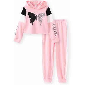 PATPAT Girls Clothes Butterfly Print Long Sleeve Hooded Sweatshirt with Joggers Pants 2 Piece Tracksuit Outfits Set