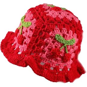 Crochet Bucket Hat for Women Handmade Knitted Cherry Hat Elastic Cute Bucket Hat