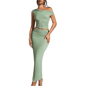 Women's Elegant Sexy 2 Piece Outfits Mesh One Off Shoulder Ruched Crop Top and Maxi Skirt Long Bodycon Skirt Sets