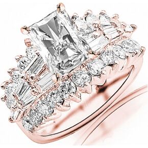 14K White Gold 3.5 Carat LAB GROWN DIAMOND Exquisite Prong Set Bageutte And Round Radiant Cut Diamond Engagement Ring (G-H Color VS1-VS2 Clarity 1.5 Ct Center)