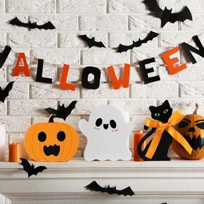 3 Pcs Halloween Cute Ghost Decorations Indoor, Wooden Ghost Decor Tiered Tray Decor Table Sign, Pumpkin Blocks Black Cat Bat Witch Broom Signs for Party Home Decoration