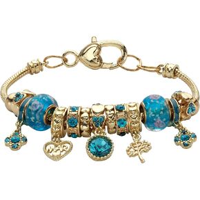 PalmBeach Goldtone Antiqued Crystal Charm Birthstone Bracelet (13mm), 8 inch Adjustable Month 3