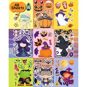 Cowcowcow 48 Sheets Halloween Stickers for Kids, Halloween Make Pumpkin Face Sticker, Halloween Holiday Party Games Stickers Bulk-Halloween Crafts Party Favors for Kids, Halloween DIY Sticker for Kids