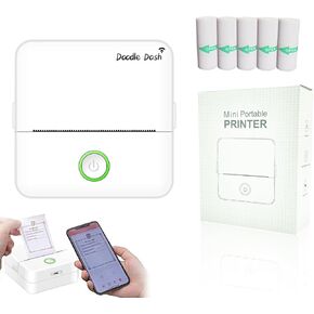 Doodle Dash Printer Mini Printer Sticker Maker Bluetooth Connection Cell Phone, Tablet with 5 Self-Adhesive Rolls Printing Paper Wireless Inkless Pocket Printer Suitable for Photos, Study (White)