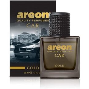 AREON Car Perfume Gold - Air Freshener in Glass Bottle - Luxury Odor Eliminator Spray with Absorber Hanging Pad - Unique Fragrance & Long-Lasting Aroma for Vehicle, Office, Home - Made in Europe, 50ml