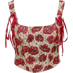 YUNAR Women's Cottage Core Oil Painting Floral Lace Up Boned Corset Crop Top