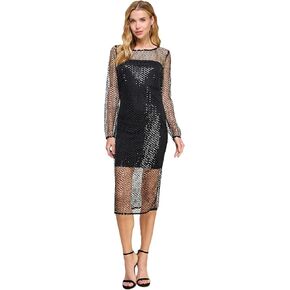 Fishnet Mesh Midi Dress W/High Neck ¾ Sleeves & Short Stretch Lining Underneath