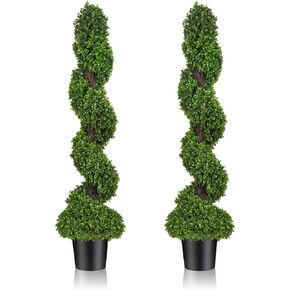 4ft Artificial Boxwood Spiral Topiary Trees: 2 Pack Artificial Plants Outdoor Decor - Faux Plants Outdoor Potted, Fake Plants Décor for Front Door, Yard, Porch, Garden, Indoor Home Decoration