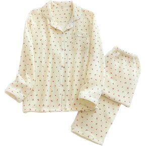 Womens Cotton Gauze Pajama Set Long Sleeve Button Up Shirt and Pants 2 Piece Cute Printed Pj Set