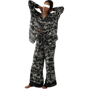 LILTWIST Silk Satin Pajamas Set for Women 2 Piece Floral Pjs Wide Leg Lounge Pants Set Long Sleeve Button down Pj Shirts Set