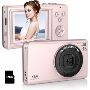 Digital Camera,4K 1080P Camera for Photography, Compact Digital Point and Shoot Camera with 16X Zoom 2.8" Screen, Anti-Shake,56MP Camera with 32GB Card for Kids,Teens and Beginners