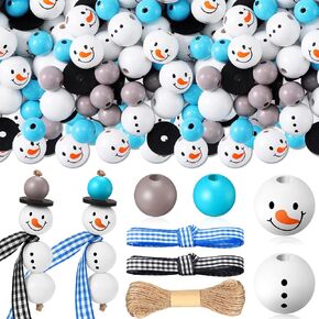 Yulejo 180 Piece Christmas Snowman Wooden Bead Winter Wooden Bead Christmas Buffalo Plaid Wood Round Bead Christmas Print Wooden Beads with DIY Twine Scarf Wooden Beads for Crafts(Vivid Color)