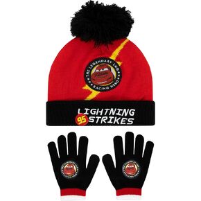 Disney Hat And Gloves Set | Lightning McQueen Boys Winter Set | Boys Winter Gloves And Hat Set | One Size Black