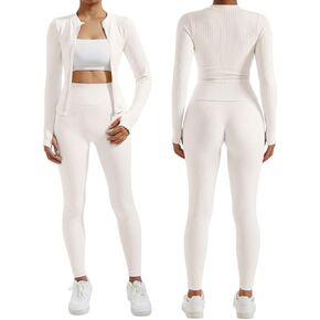 RXRXCOCO Ribbed Workout Sets for Women 2 Piece Zip Up Cropped Workout Jackets Seamless Leggings Matching Yoga Oufits