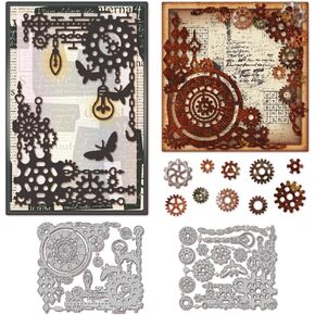 GLOBLELAND Industrial Corners Background Cutting Dies Metal Gears Background Frame Cut Dies Clocks Light Bulbs Die Cuts for Card Making DIY Scrapbooking Crafts
