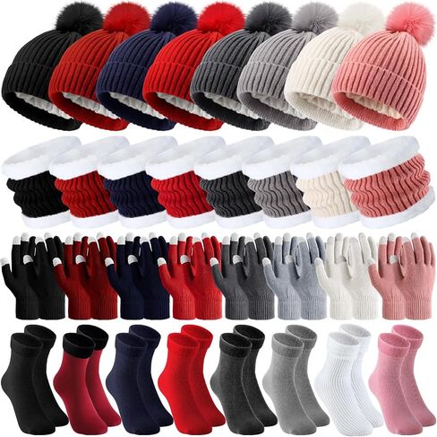 Wesiti 32 Pcs Winter Hat Scarf Gloves Sets Women Warm Satin Lined Knit Ladies Cap Neck Scarf Touch Screen Gloves with Socks for Women Girls in Saudi Arabia