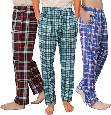 3 Pack Mens Pajama Pants Silk Satin Pj Plaid Loungewear Lounge Pants with Pockets Sleep Bottoms Sleepwear in Saudi Arabia