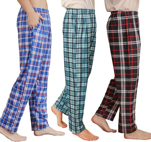 3 Pack Mens Pajama Pants Silk Satin Pj Plaid Loungewear Lounge Pants with Pockets Sleep Bottoms Sleepwear in Saudi Arabia