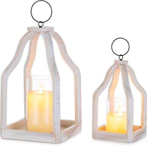 Romadedi Farmhouse Decorative Lantern Wooden - Set of 2 Rustic Wood Lanterns Candle Holder for Wedding Table Centerpieces Indoor Outdoor Fireplace Mantle Home Decor, Brown in Saudi Arabia