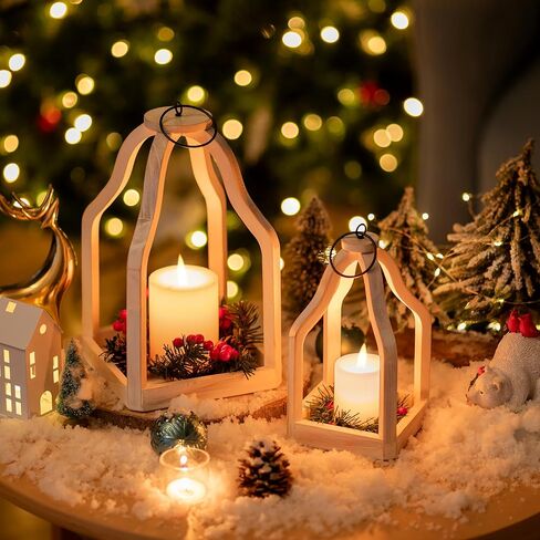 Romadedi Farmhouse Decorative Lantern Wooden - Set of 2 Rustic Wood Lanterns Candle Holder for Wedding Table Centerpieces Indoor Outdoor Fireplace Mantle Home Decor, Brown in Saudi Arabia
