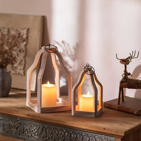 Romadedi Farmhouse Decorative Lantern Wooden - Set of 2 Rustic Wood Lanterns Candle Holder for Wedding Table Centerpieces Indoor Outdoor Fireplace Mantle Home Decor, Brown in Saudi Arabia