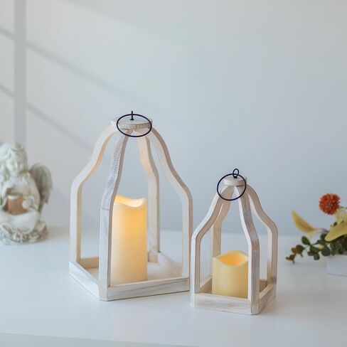 Romadedi Farmhouse Decorative Lantern Wooden - Set of 2 Rustic Wood Lanterns Candle Holder for Wedding Table Centerpieces Indoor Outdoor Fireplace Mantle Home Decor, Brown in Saudi Arabia