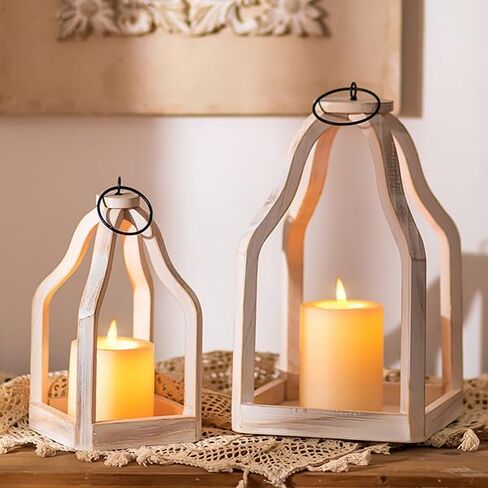 Romadedi Farmhouse Decorative Lantern Wooden - Set of 2 Rustic Wood Lanterns Candle Holder for Wedding Table Centerpieces Indoor Outdoor Fireplace Mantle Home Decor, Brown in Saudi Arabia