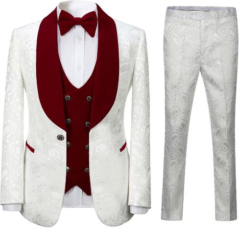 Men's Paisley Jacquard Tuxedo, One Button Shawl Lapel 3 Piece Suit in Kuwait